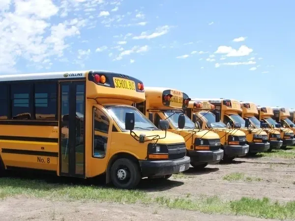 Yellow school buses parked in a row.