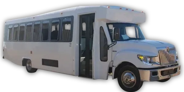 White passenger shuttle bus with open door.