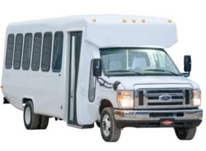 White passenger bus with large windows.