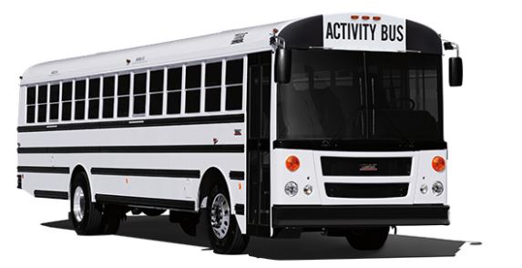 White activity bus with black trim.