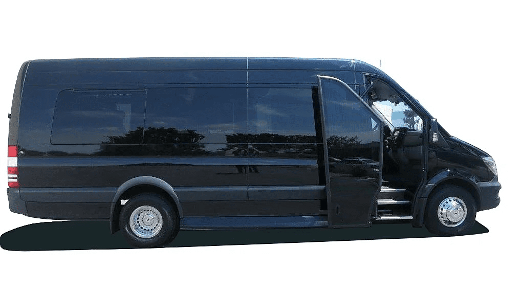 Black passenger van with open door.